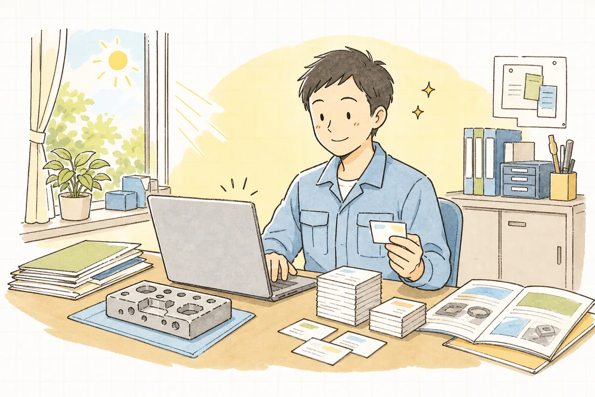 展示会のあと、事務所の机で受け取った名刺を見ながら一件の返事が届き、静かに前を向く担当者のやわらかな表情