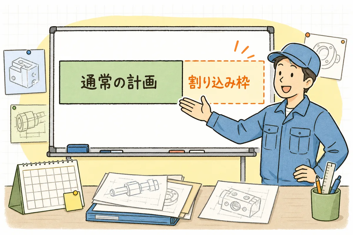 一日の生産計画のうち一部を割り込み対応用の空き枠として確保しておく考え方を示した説明図