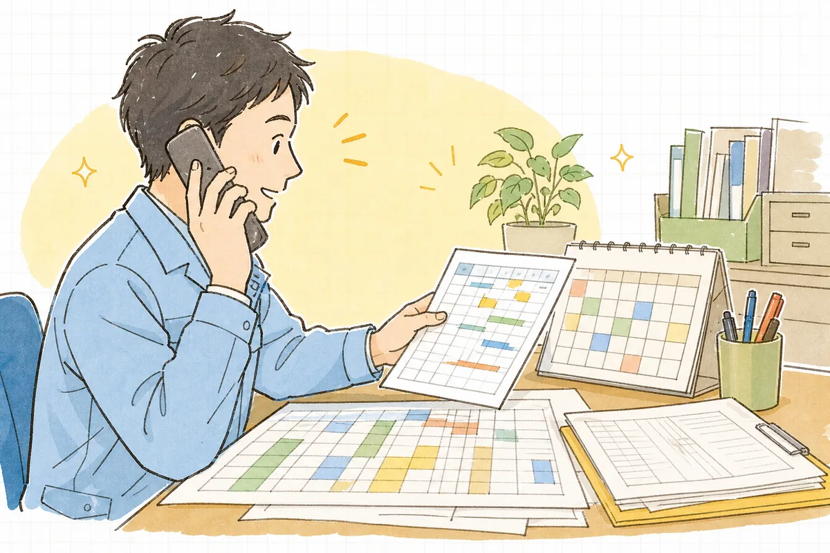 特急を受けて後ろにずらした案件の新しい納期を、その日のうちに相手へ連絡する流れを示した説明図