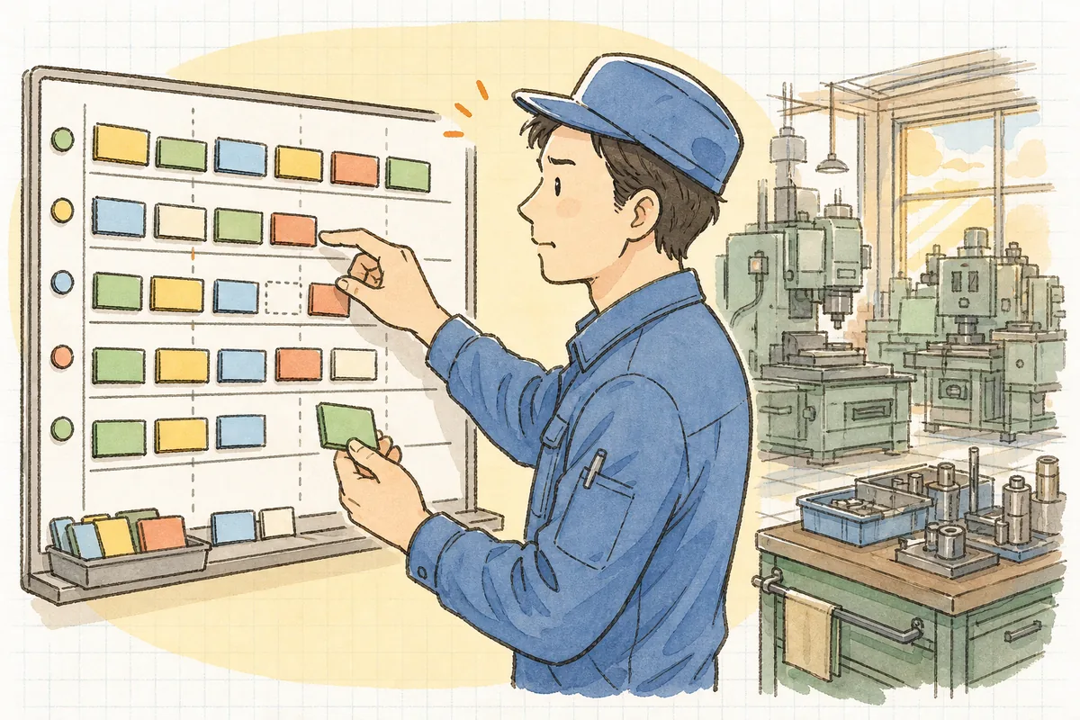 ホワイトボードの生産計画に特急品の札を差し込みながら、既存の予定を組み替える町工場の現場リーダーの横顔と手元