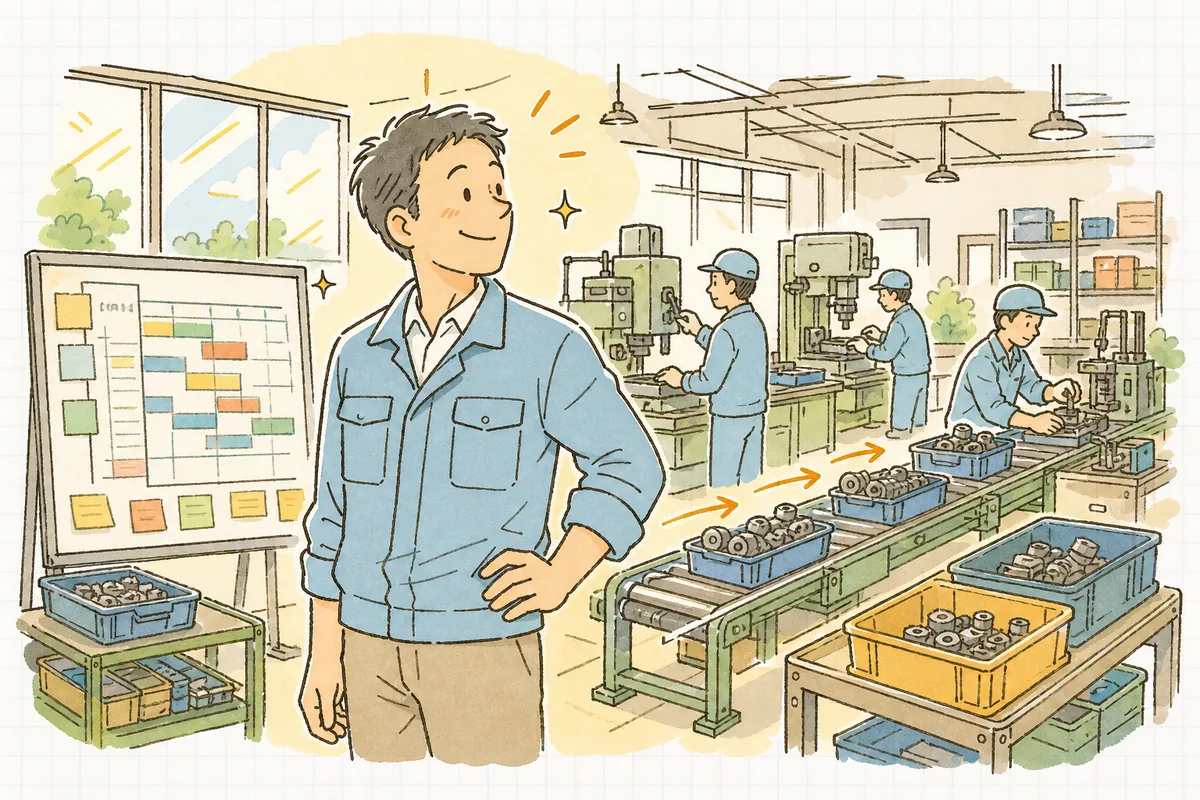 特急対応を終えて組み替えた工程が滞りなく流れ、穏やかな表情で作業場を見渡す町工場の現場リーダー