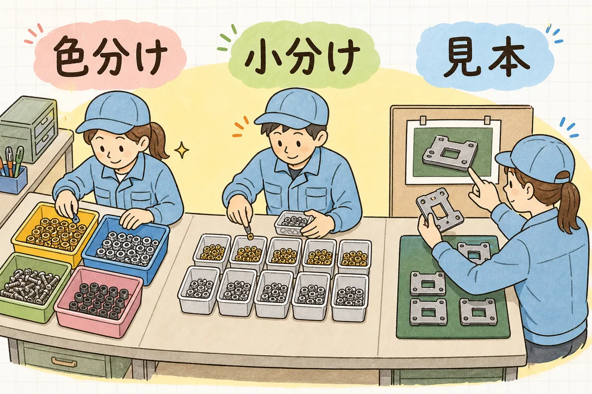 似た部品を色分け・小分け・見本で区別し、取り違えと数え間違いを防ぐ工夫の説明図
