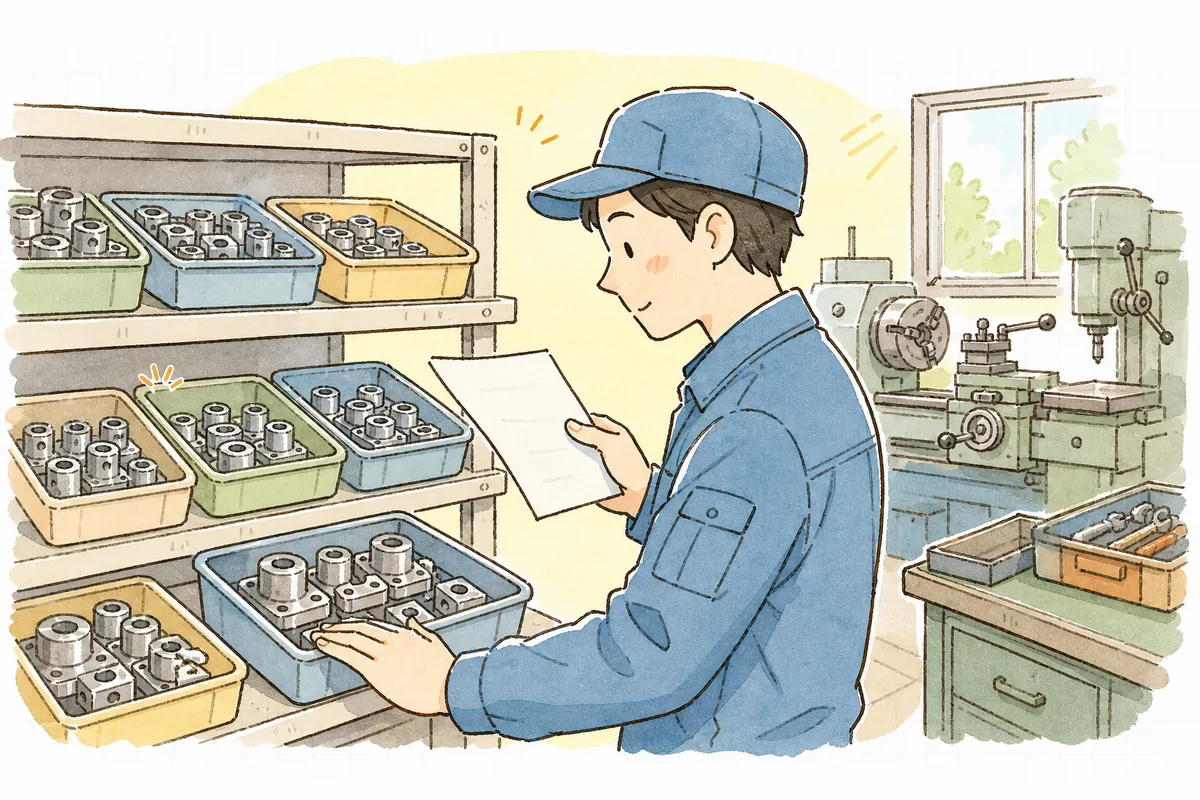 似た部品が並ぶ棚の前で、伝票と現物を静かに見比べる現場担当者の手元と横顔
