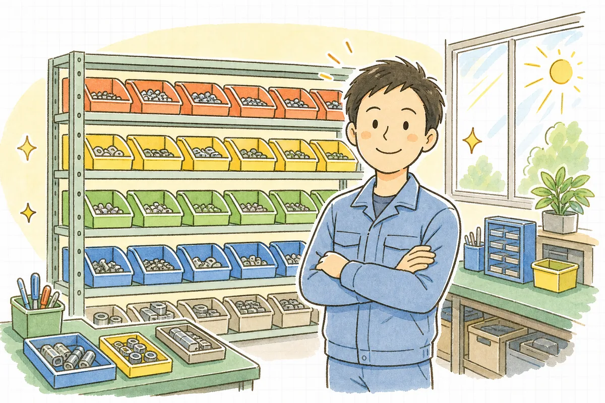 色分けされ整った部品棚の前で、確認を終えて前を向く現場担当者のやわらかい表情