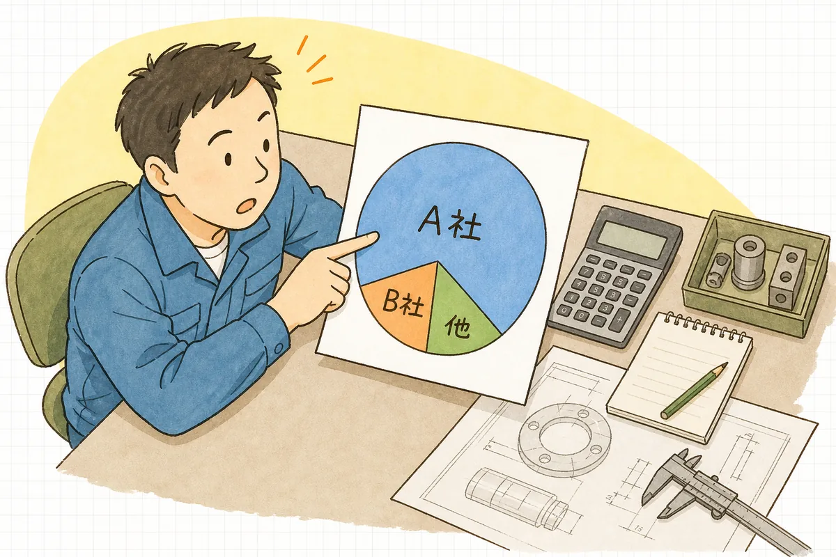 取引先ごとの売上比率を円グラフで見える化し、一社への偏りに気づく説明図