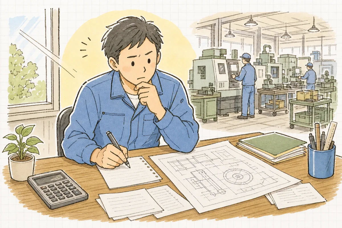 事務所の机で取引先ごとの売上をメモに書き出し、静かに考え込む町工場の担当者の横顔と手元