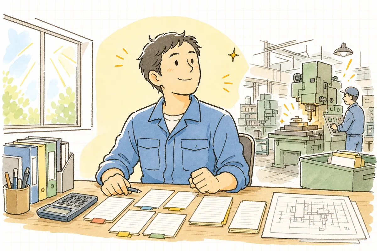 取引先を書き出したメモを前に、足場を確かめて前を向く町工場の担当者のおだやかな表情