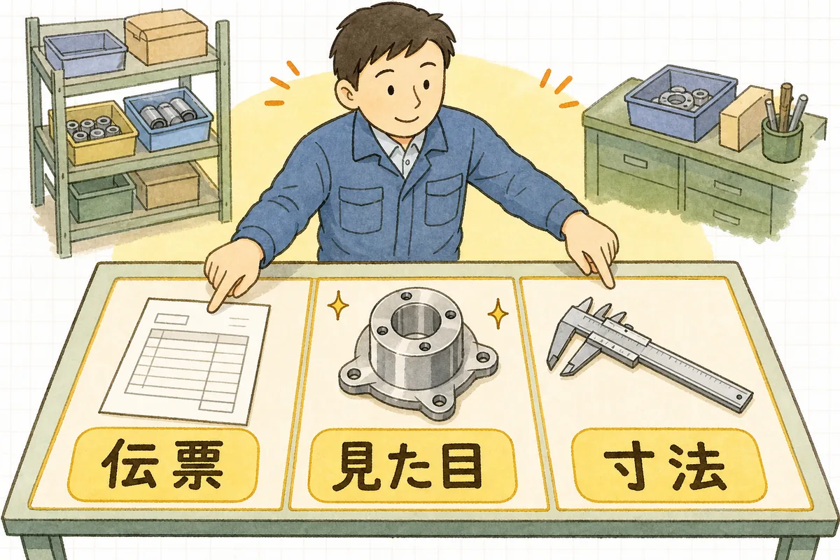 受入検査で見る三つの点（伝票との照合・見た目の異常・重要寸法の一点確認）を並べて示した説明図