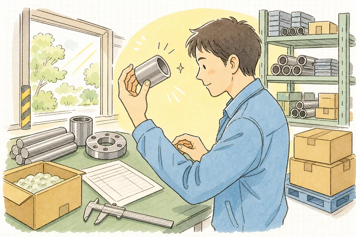 入荷したばかりの金属素材を受入検査台で手に取り、状態を確かめる町工場の担当者の手元と真剣な横顔