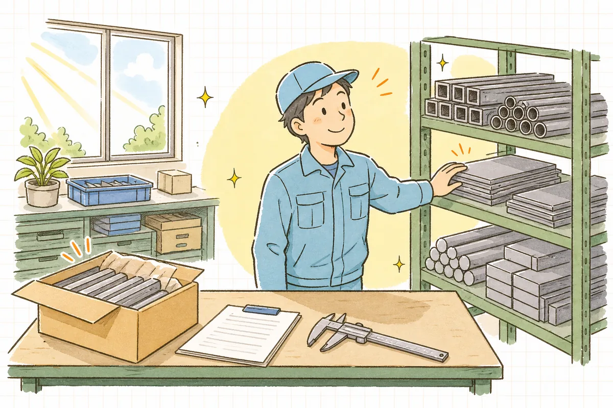 受入検査を終えた材料に問題がないと確かめ、安心して次の工程へ送り出す町工場の担当者の前向きな表情