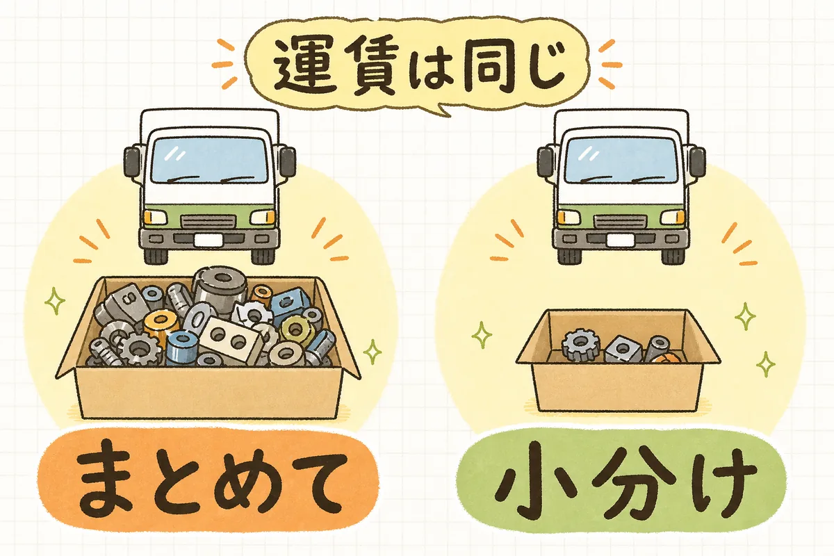 同じ1便でもまとめて運ぶ場合と小分けに運ぶ場合で1個あたりの運賃負担が変わることを示す図