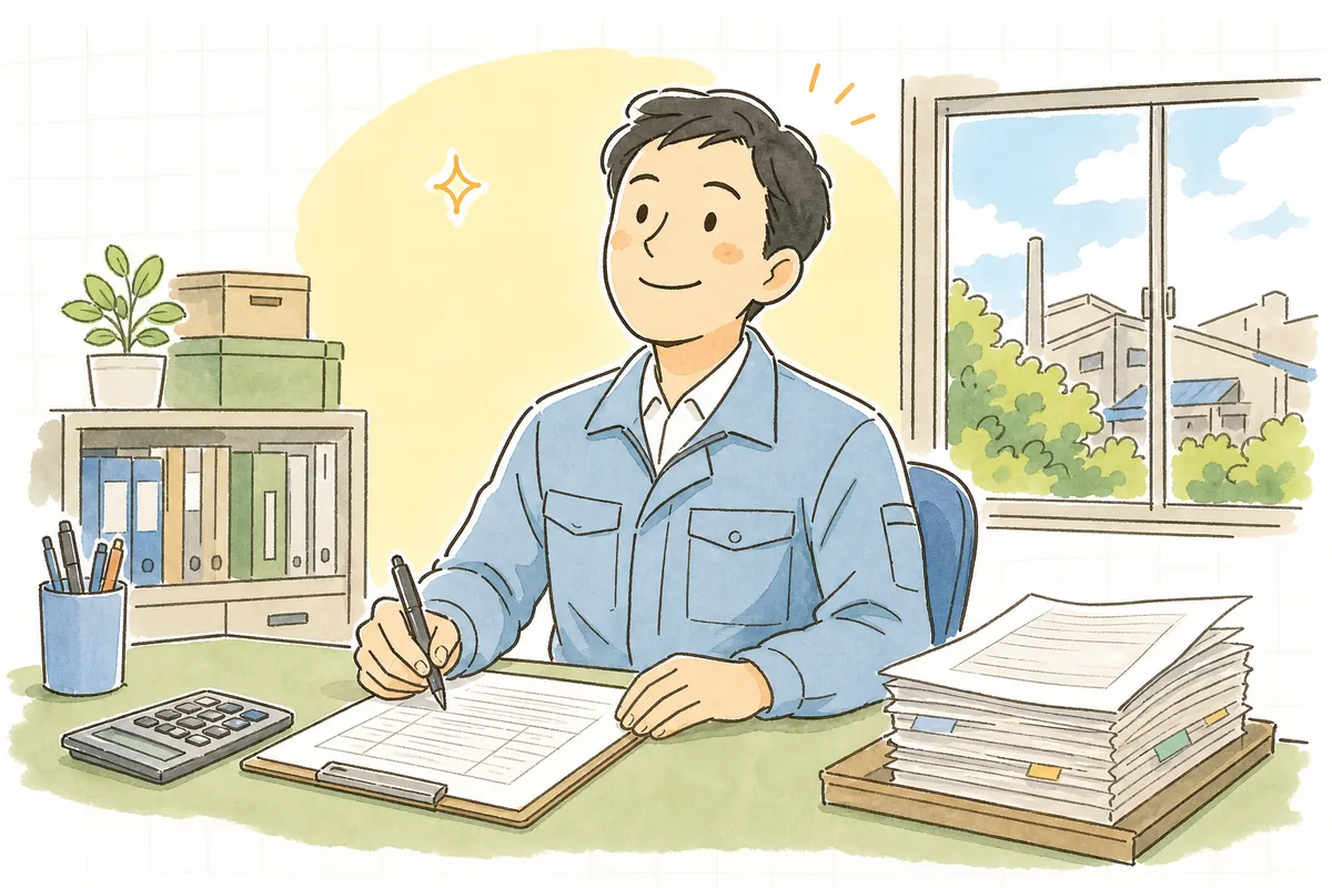 見積書に運送費の行を書き入れ、納得した表情で顔を上げる町工場の担当者