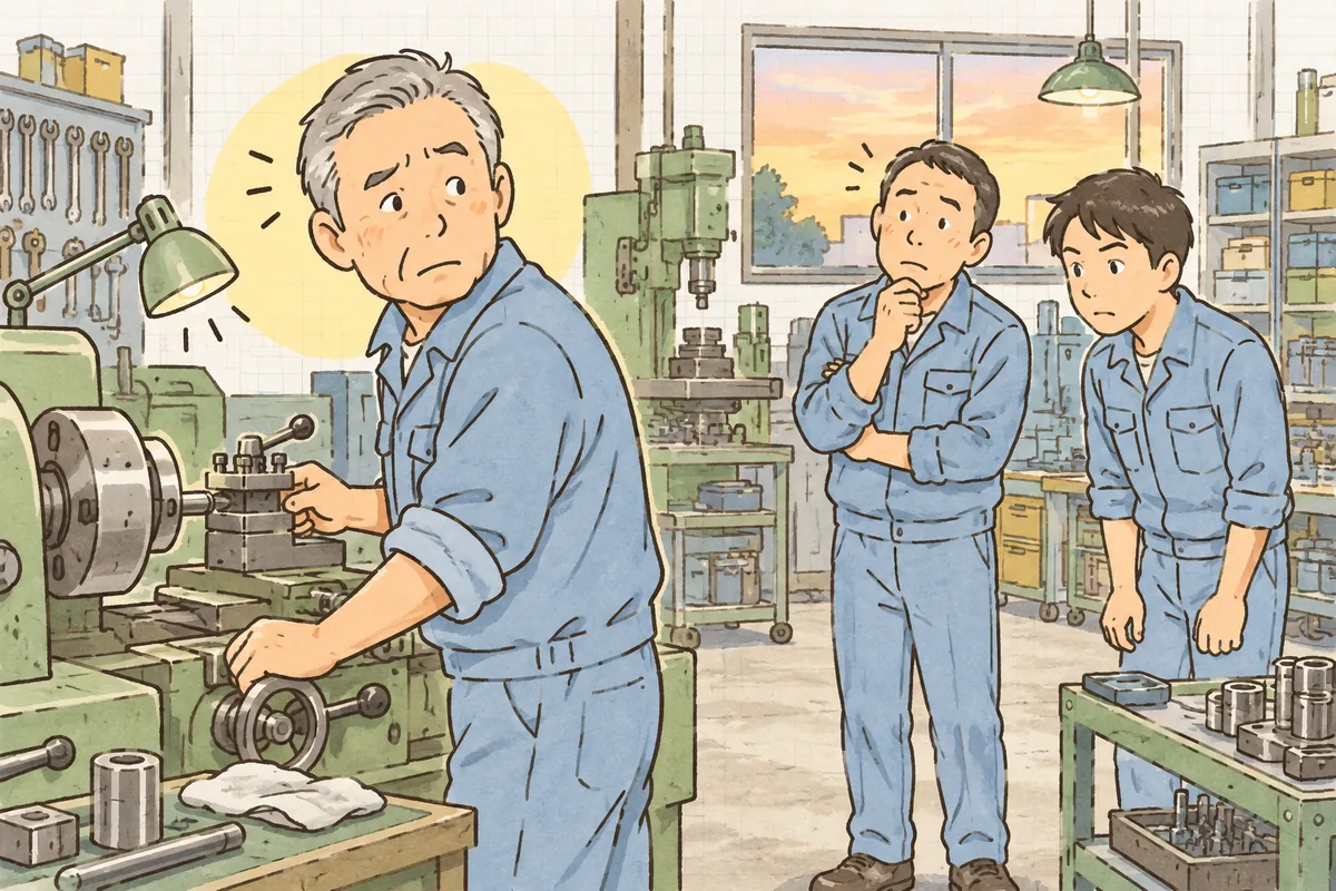 町工場の旋盤の前で、ベテラン職人が手を止めて振り返り、少し離れたところに立つ若手と現場リーダーを複雑な表情で見ている情景