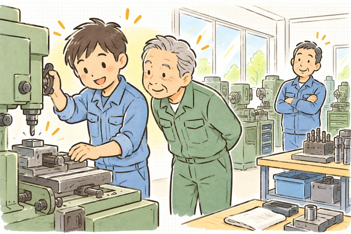 朝の明るい町工場で、ベテラン職人が若手の隣に立って機械の扱いを見守り、二人とも穏やかに笑っている情景