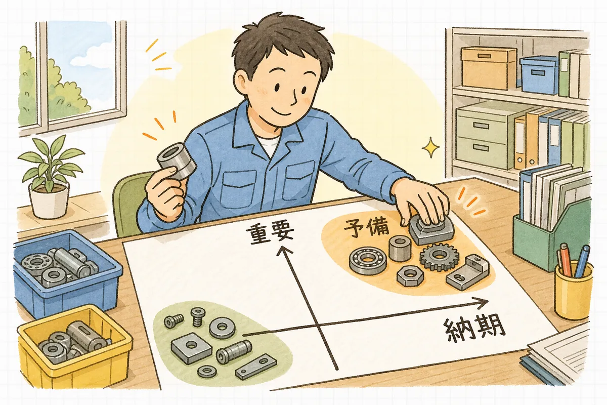 部品を「入手の早さ」と「止まったときの痛さ」の2つの軸で見比べ、予備で持つものを選び分ける様子の説明図
