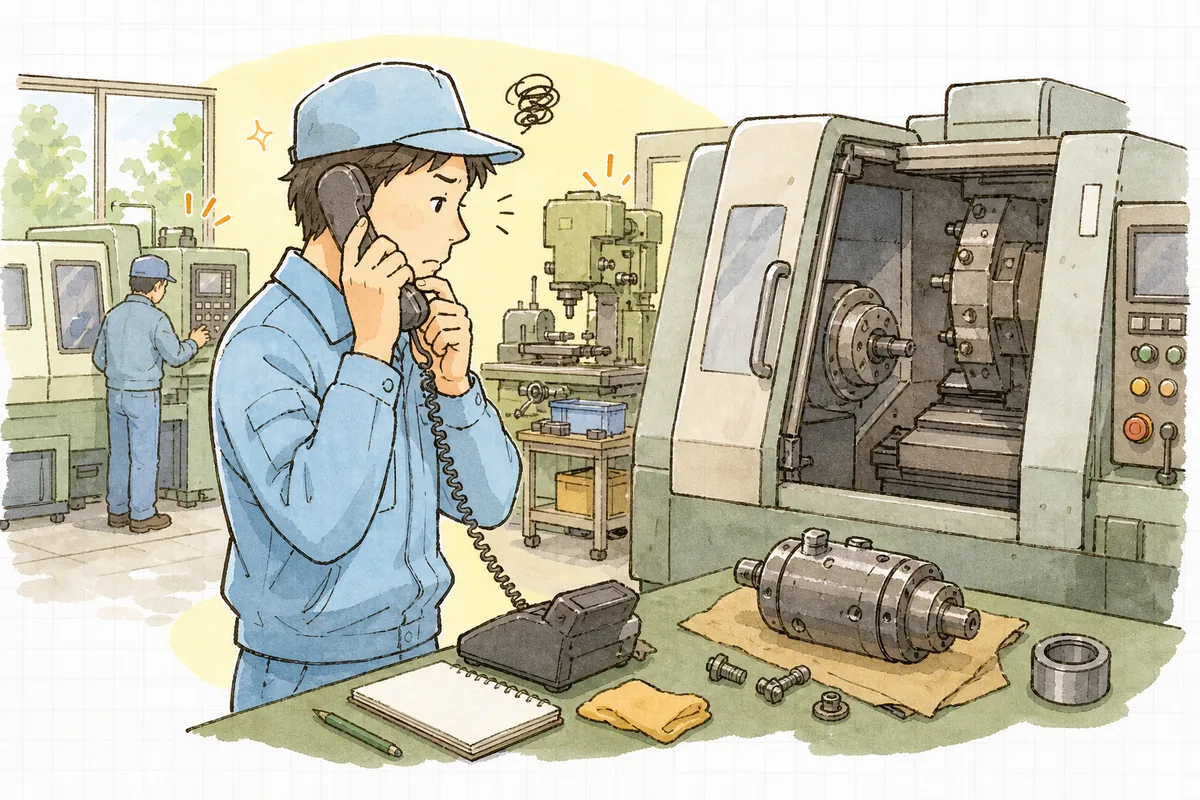 止まった機械の前でメーカーに部品の納期を電話で問い合わせ、入荷まで待つしかないと表情を曇らせる町工場の担当者の横顔と手元