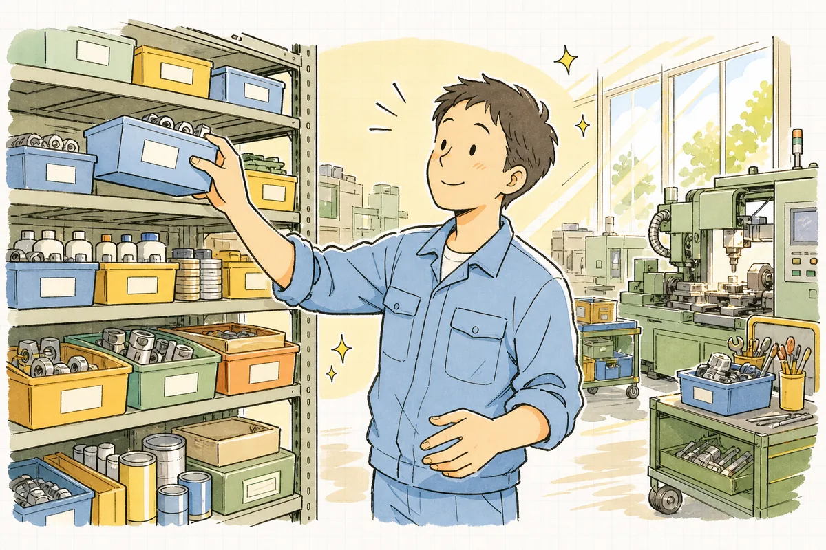 予備部品が定位置に整然と並び、機械が止まってもすぐ交換して動かせる安心感の中で前を向く町工場の担当者