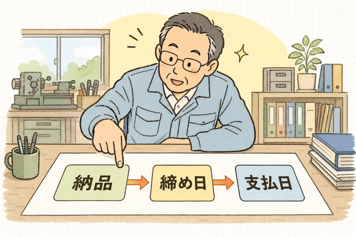納品から入金までの流れを、納品・締め日・支払日の順に矢印でたどって確認する説明図