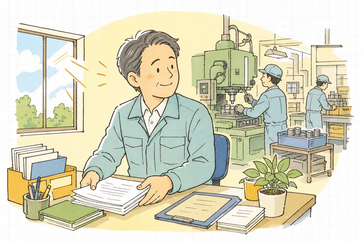 初回の入金を通帳や画面で確認できて、少し肩の力が抜けた表情で次の受注の準備に向かう町工場の経営者の情景