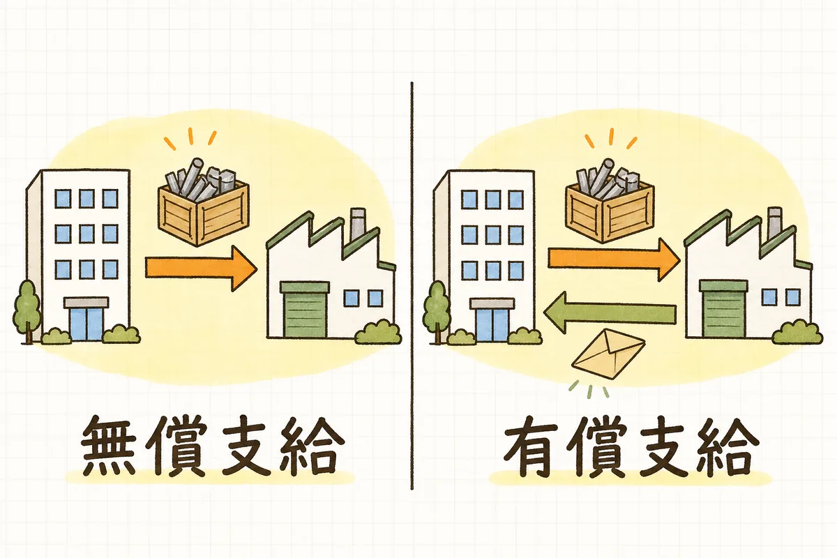 無償支給は材料が届く矢印だけ、有償支給は材料の矢印に加えて材料代を支払う矢印がある違いを並べた説明図