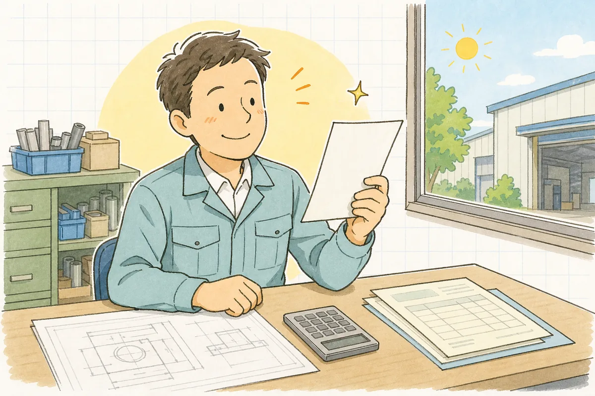 支給材の行を足した見積用紙を手に、これで大丈夫と前を向いている町工場の担当者