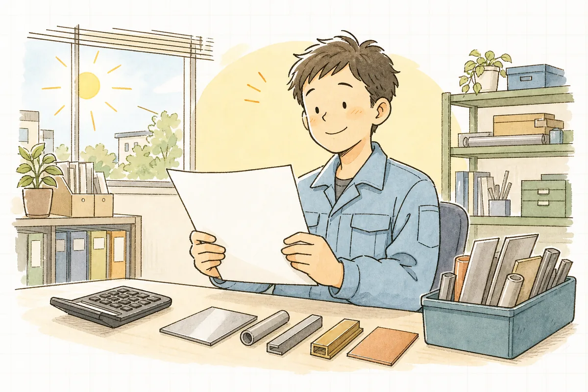 見直した見積を手に、材料のロスまで読み切れた手応えがにじむ担当者の前向きな表情