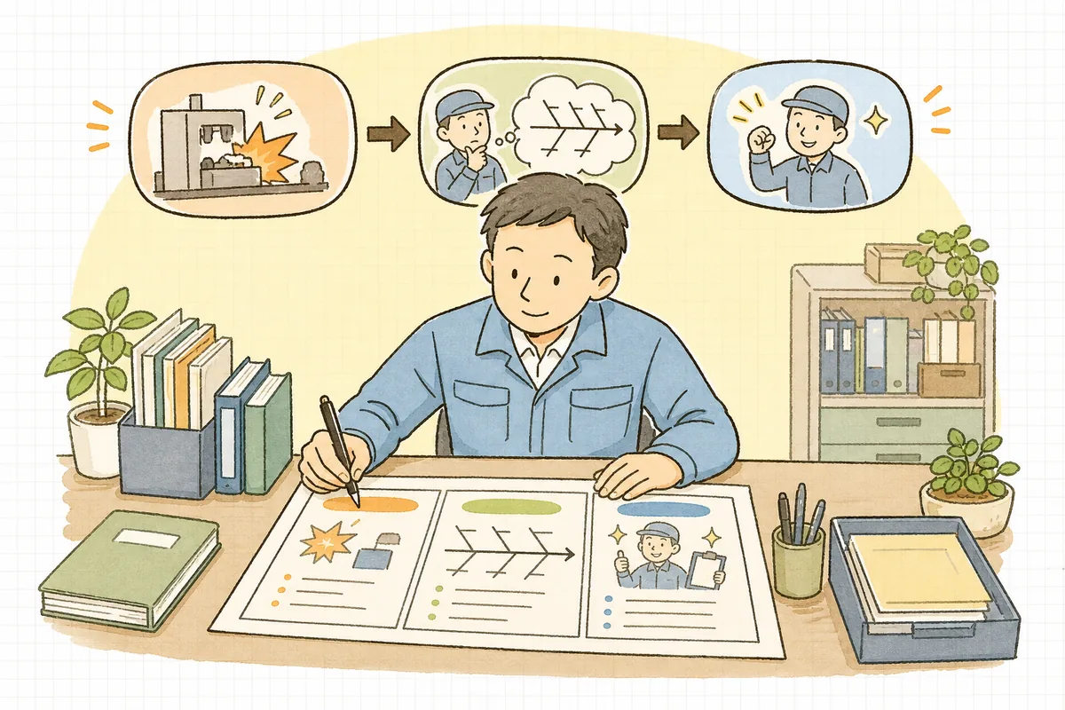 起きた不良・原因・再発防止の対策の三つの欄に分かれた一枚の報告書を、作業リーダーが取引先に向けて整理して書いている様子のイラスト