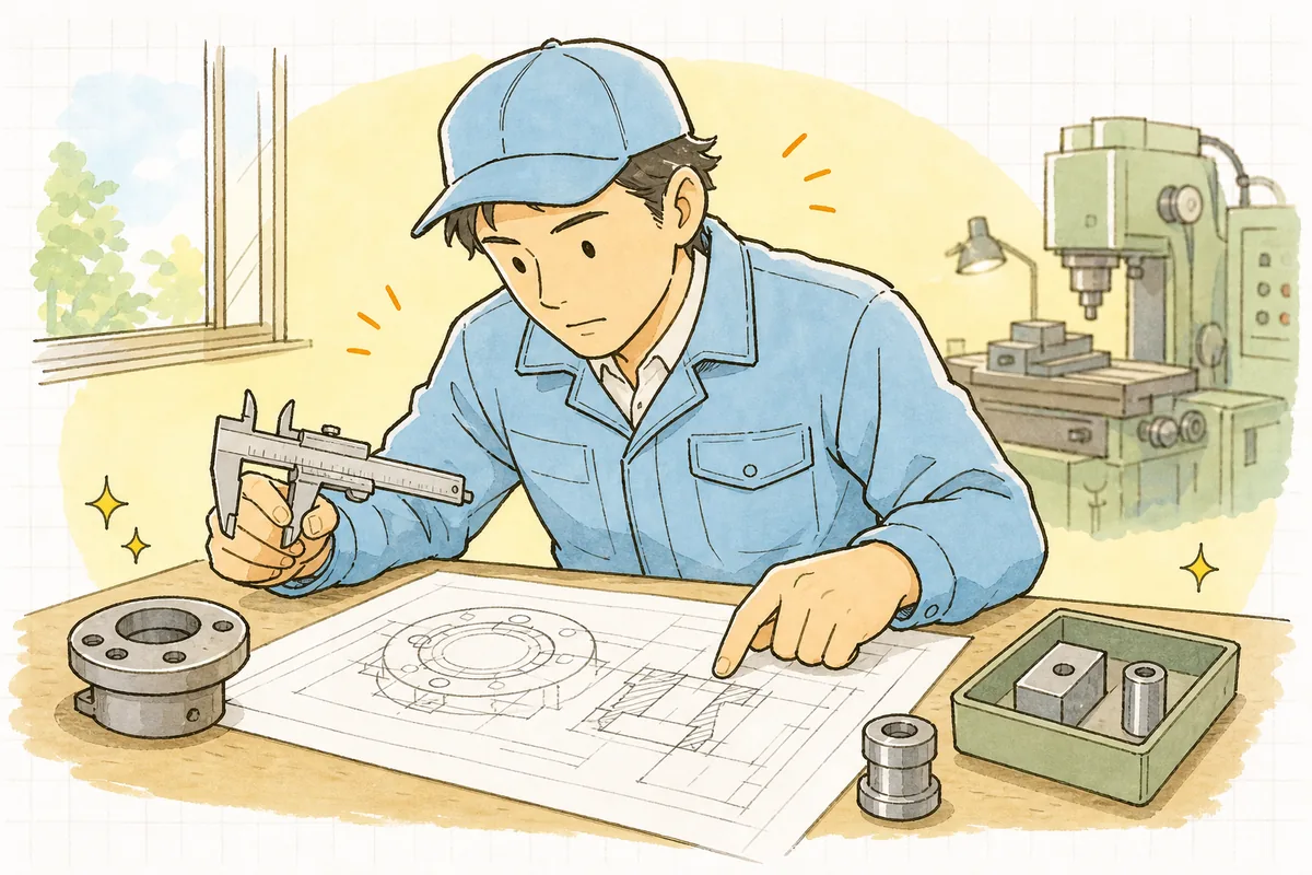 作業台に広げた図面の一か所を指でたどりながら、公差の数字を確かめている町工場の担当者の手元と横顔